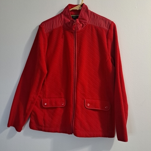 Talbots Red Quilt Detail Fleece Zip-Up Jacket Sz Large Fall Winter Outdoor Wear - Picture 2 of 11